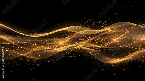 Abstract golden wave design with sparkling particles on a black background.