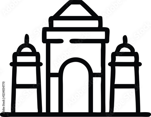 India Gate, iconic monument, New Delhi landmark, architectural icon, line drawing, minimalist design, black and white illustration, geometric shapes, symmetrical structure, simplified arches, historic