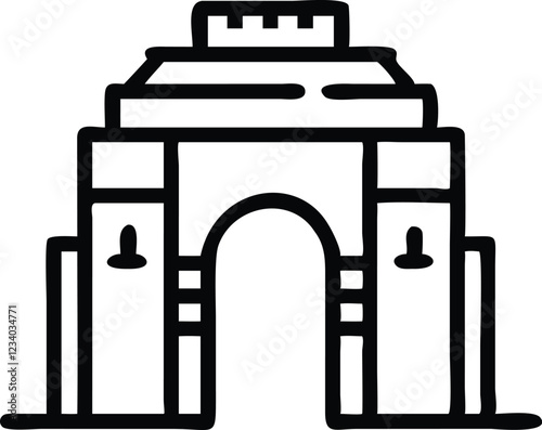 India Gate, iconic monument, New Delhi landmark, architectural icon, line drawing, minimalist design, black and white illustration, geometric shapes, symmetrical structure, simplified arches, historic