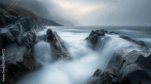 Wallpaper Mural Coastal rocks, waves, foggy sunrise, boat in distance, scenic wallpaper Torontodigital.ca