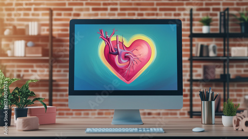 vector illustration of heart clipart, with a modern, minimalistic workspace in the background,