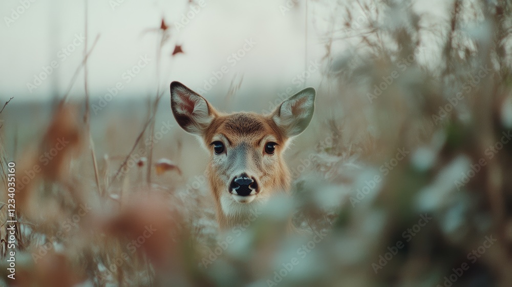 A young deer peers with curiosity through golden grass, embodying innocence and the gentle wonder of nature. A young deer peers with curiosity through golden grass, embodying innocence and the gentle wonder of nature.