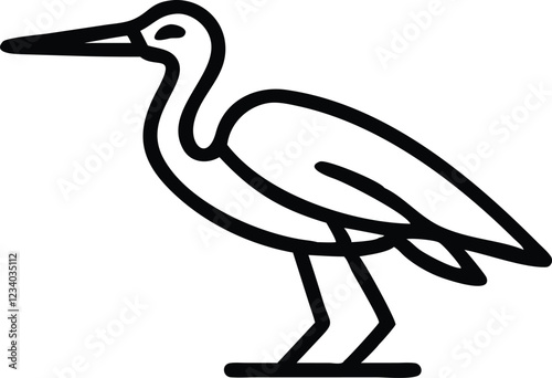 Minimalist bird illustration, black outline, white background, long-necked wading bird, heron silhouette, simple curved lines, graphic design style, vector art, stylized wildlife icon, clean geometric