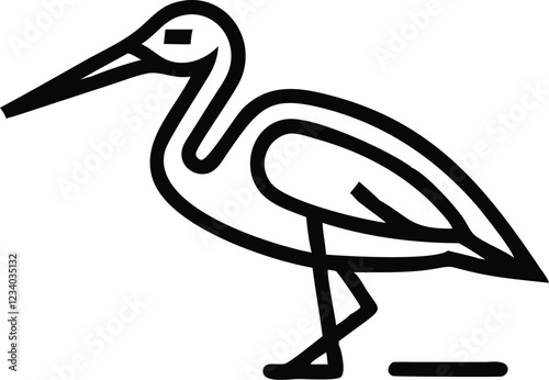 Minimalist bird illustration, black outline, white background, long-necked wading bird, heron silhouette, simple curved lines, graphic design style, vector art, stylized wildlife icon, clean geometric
