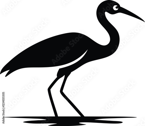 Minimalist bird illustration, black outline, white background, long-necked wading bird, heron silhouette, simple curved lines, graphic design style, vector art, stylized wildlife icon, clean geometric