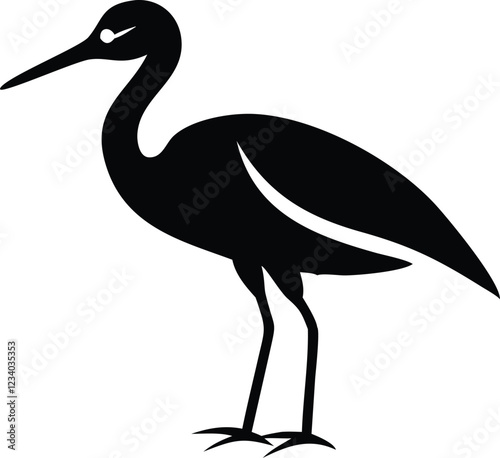 Minimalist bird illustration, black outline, white background, long-necked wading bird, heron silhouette, simple curved lines, graphic design style, vector art, stylized wildlife icon, clean geometric