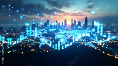 Global Connectivity: A breathtaking cityscape is illuminated by a mesmerizing display of digital connections, symbolizing the interconnectedness of our globalized world.