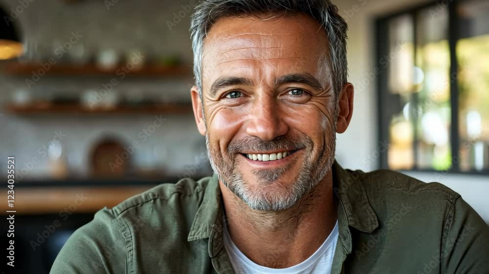 Man with a big smile is sitting in a kitchen. He is wearing a green shirt and white shirt Man with a big smile is sitting in a kitchen. He is wearing a green shirt and white shirt
