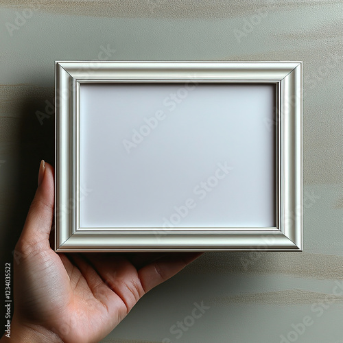 A small picture frame held by a hand, with a neutral wall background, a simple and elegant design, perfect for a picture frame mockup.