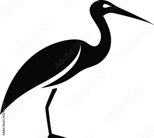 Minimalist bird illustration, black outline, white background, long-necked wading bird, heron silhouette, simple curved lines, graphic design style, vector art, stylized wildlife icon, clean geometric
