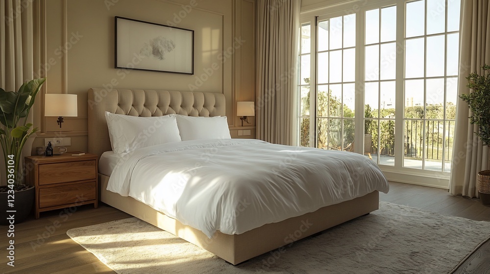 Fototapeta premium Bright and airy bedroom with a large window, featuring a plush bed and elegant decor