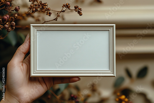 A small picture frame held by a hand, with a neutral wall background, a simple and elegant design, perfect for a picture frame mockup.