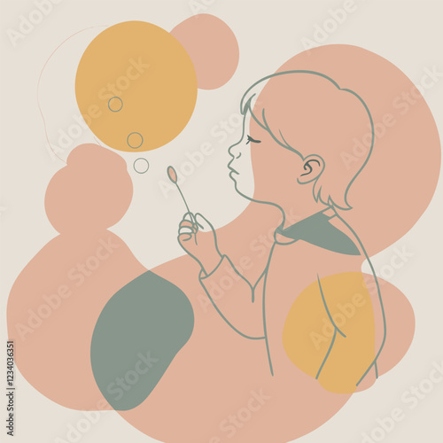 A black vector silhouette of a young child blowing bubbles, standing in profile 