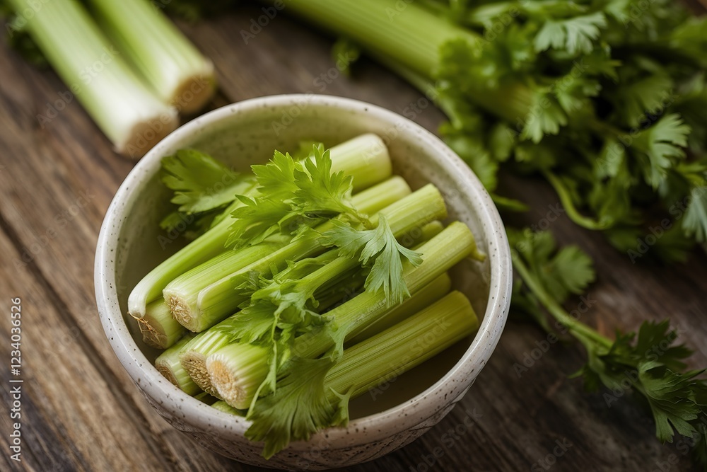 A bowl of celery and parsley sits on a wooden table A bowl of celery and parsley sits on a wooden table