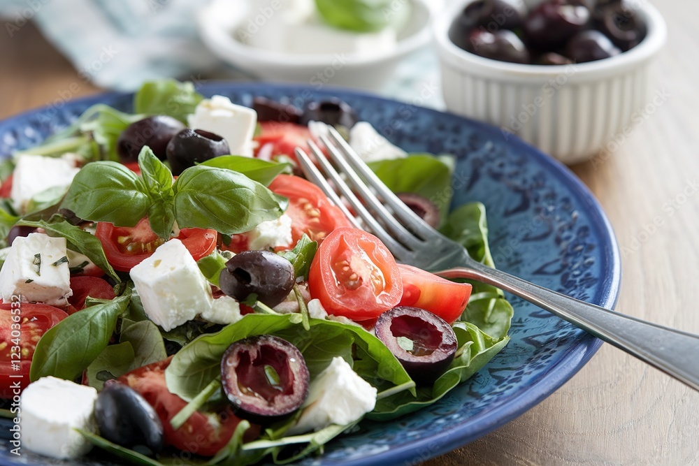 Fork and salad with Basil, tomatoes, black olives and feta cheese Fork and salad with Basil, tomatoes, black olives and feta cheese