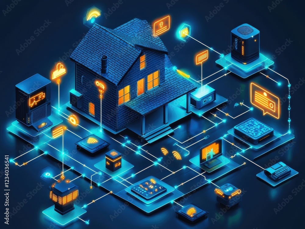 Fototapeta premium A digital illustration of a smart home with connected devices and networks.