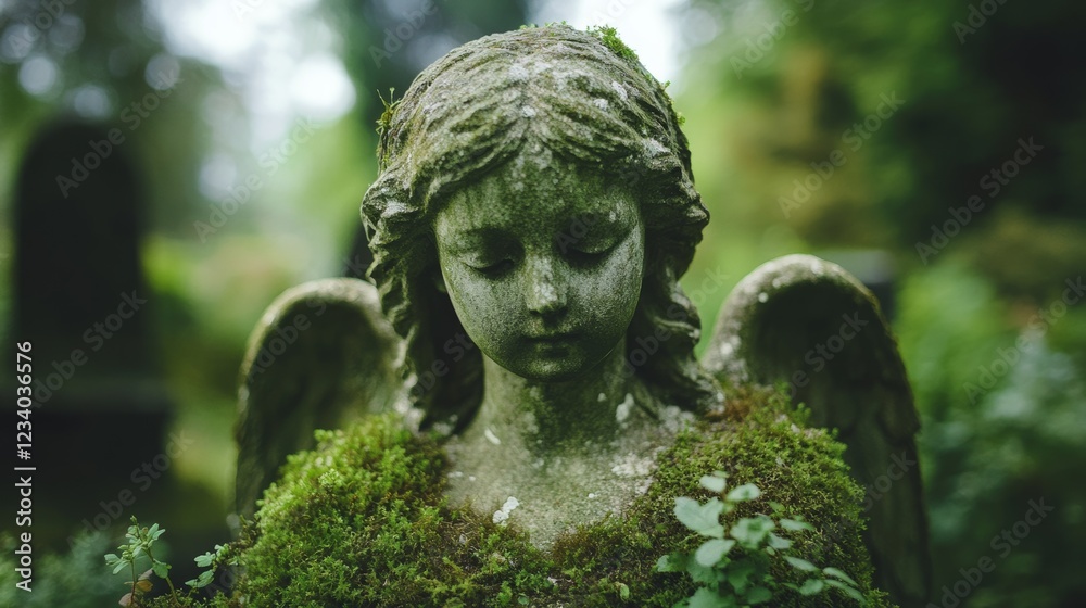 A moss-laden angel statue gazes peacefully amidst lush foliage in a serene graveyard, embodying tranquility and timeless grace. A moss-laden angel statue gazes peacefully amidst lush foliage in a serene graveyard, embodying tranquility and timeless grace.