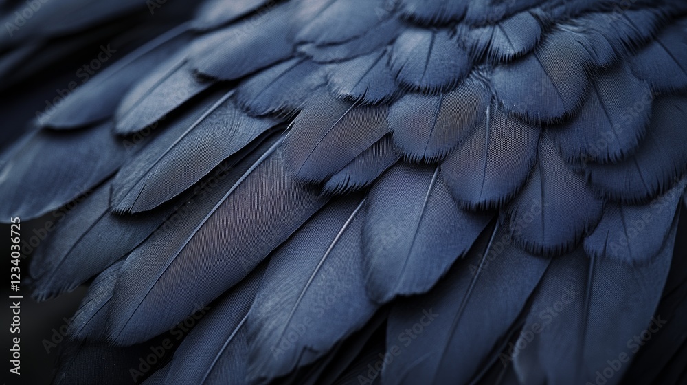Fototapeta premium A close-up of dark blue feathers layered intricately, showcasing texture and a captivating interplay of light and shadow.