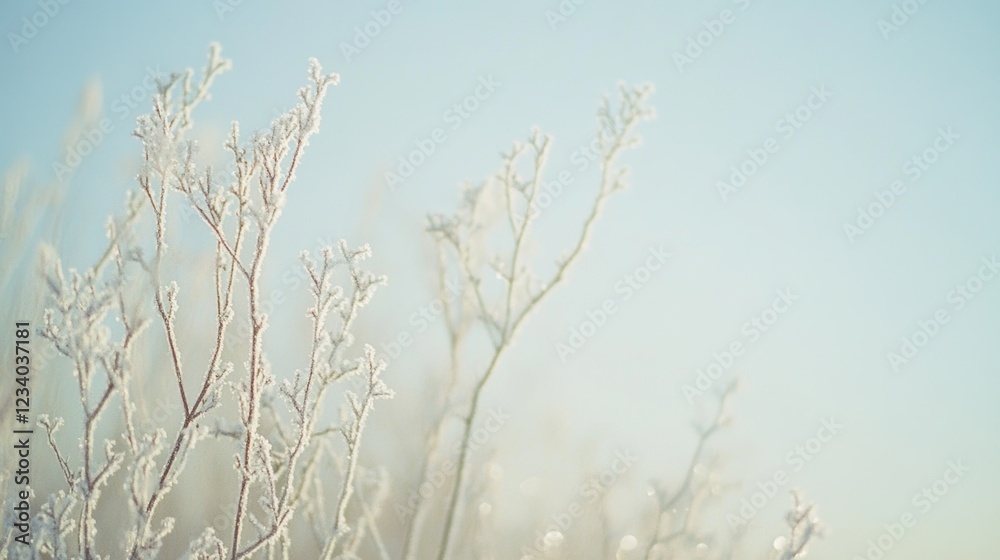 Obraz premium Frosted branches reach upwards in a serene winter landscape, set against a clear sky, whispering the essence of a peaceful, chilly morning.