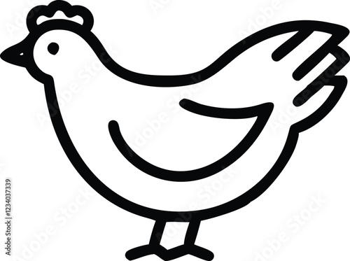Simple cartoon chicken, black and white outline, minimalist design, children's book illustration style, cute farm animal, rounded shapes, bold lines, simplified form, playful character, side view, sty