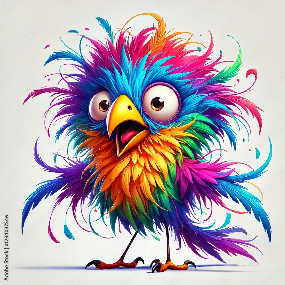 A colorful and wild bird character with vibrant rainbow plumage, exaggerated and unkempt feathers, and wide, expressive eyes. On isolated white background for stickers and prints A colorful and wild bird character with vibrant rainbow plumage, exaggerated and unkempt feathers, and wide, expressive eyes. On isolated white background for stickers and prints
