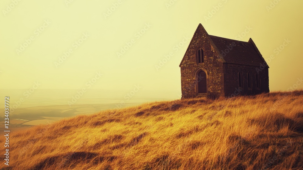 A solitary stone chapel stands atop a golden hill under a misty sky, evoking mystery and historical intrigue. A solitary stone chapel stands atop a golden hill under a misty sky, evoking mystery and historical intrigue.