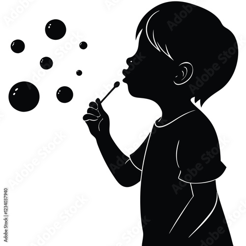 A black vector silhouette of a young child blowing bubbles, standing in profile 