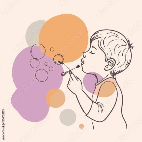 A black vector silhouette of a young child blowing bubbles, standing in profile 