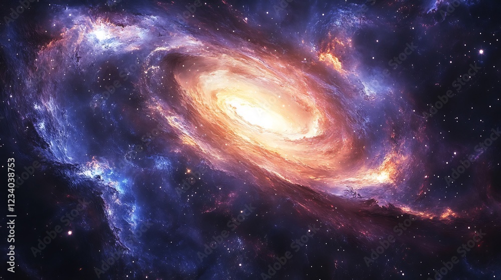 Fototapeta premium Swirling cosmic nebula glows brilliantly vibrant orange and blue hues dominate the stunning composition. AI Generated