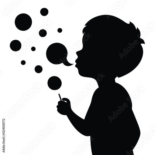 A black vector silhouette of a young child blowing bubbles, standing in profile 