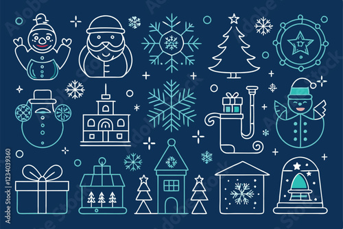 Christmas and Happy New Year web icons in line style. Xmas, winter, party, santa, tree, event, bell, snow, angel, fireworks, snowman, collection. Vector illustration. 