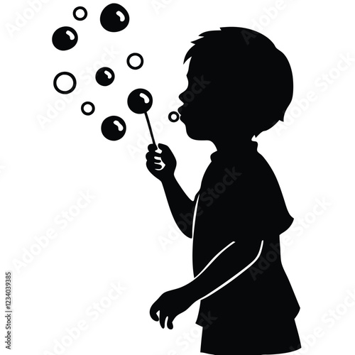 A black vector silhouette of a young child blowing bubbles, standing in profile 