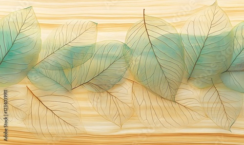 Teal and beige skeleton leaves arranged on wood background; nature design