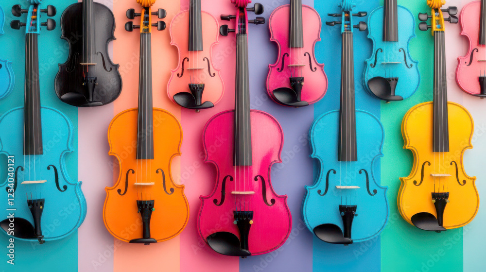Naklejka premium Colorful violins arranged in artistic patterns on vibrant backgrounds.