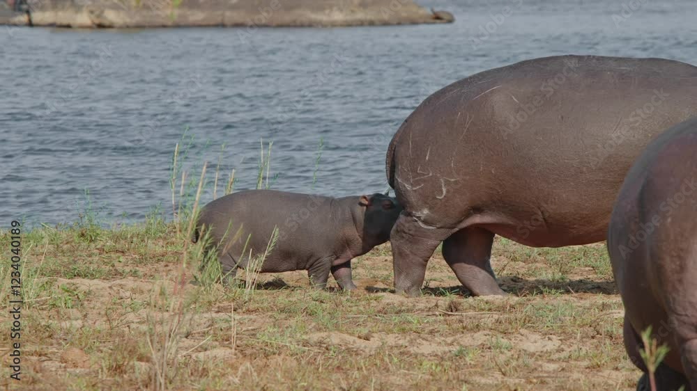 Close up of hippo feeding along the riverbank in Kruger National Park surrounded by calm waters Close up of hippo feeding along the riverbank in Kruger National Park surrounded by calm waters