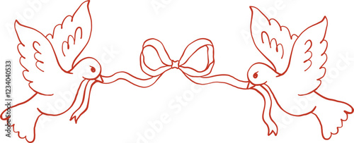 Coquette Love birds Doves flying Tying Ribbon Bow Together Outline