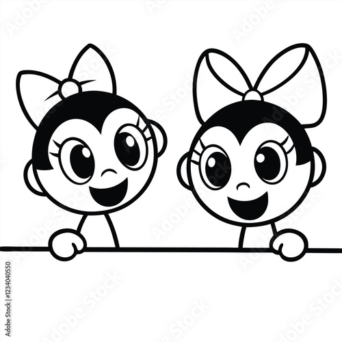 A black vector silhouette of two cute cartoon characters peeking over a ledge 