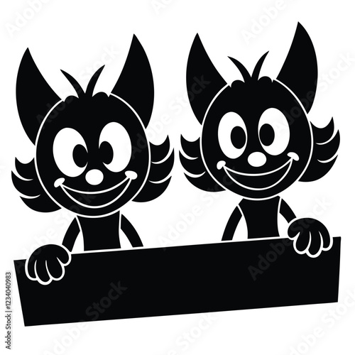 A black vector silhouette of two cute cartoon characters peeking over a ledge 