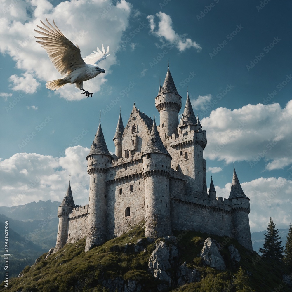 A white raven flying over an enchanted castle. A white raven flying over an enchanted castle.