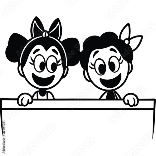 A black vector silhouette of two cute cartoon characters peeking over a ledge 