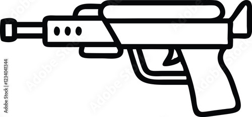 Black and white illustration, simple line drawing, assault rifle, military weapon, minimalist design, iconic firearm silhouette, vector graphic style, gun outline, modern warfare symbol, tactical equi