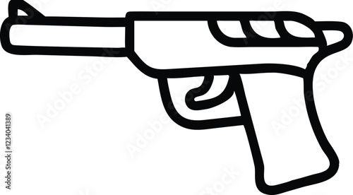 Black and white illustration, simple line drawing, assault rifle, military weapon, minimalist design, iconic firearm silhouette, vector graphic style, gun outline, modern warfare symbol, tactical equi