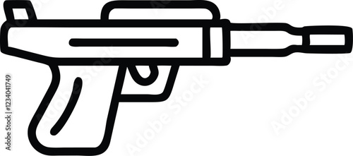 Black and white illustration, simple line drawing, assault rifle, military weapon, minimalist design, iconic firearm silhouette, vector graphic style, gun outline, modern warfare symbol, tactical equi
