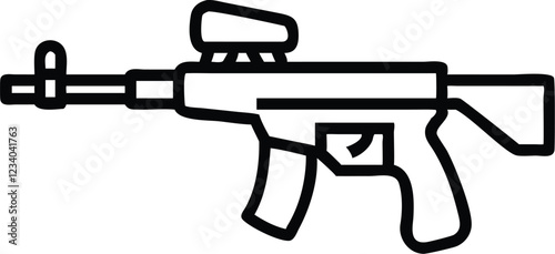 Black and white illustration, simple line drawing, assault rifle, military weapon, minimalist design, iconic firearm silhouette, vector graphic style, gun outline, modern warfare symbol, tactical equi