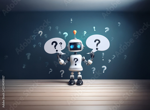 A small, white robot contemplates numerous questions represented by question marks and thought bubbles, pondering solutions.  It stands on a wooden floor against a dark-blue wall.
