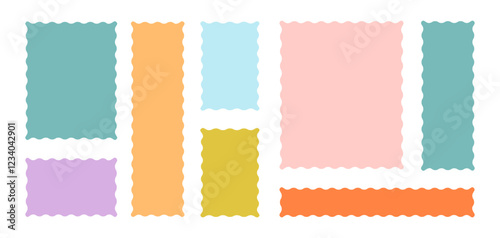 Frames Scalloped Vector Corrugated Bento Grid Shapes Set. Scallop Frame Wavy Retro Stickers Collection. Zig Zag Edge Geometric Borders Tag Boxes. Wiggle Line Design Sign Background. Isolated