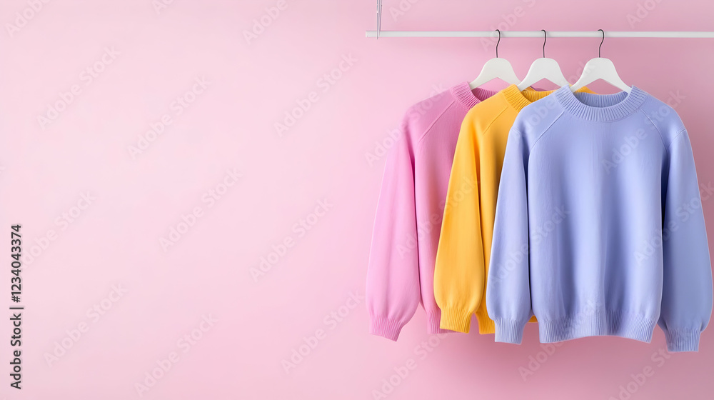 Obraz premium Pastel sweaters hang on rack, pink background. Lifestyle website banner