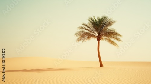 A solitary palm tree stands tall in the vast, sunlit desert, casting a long shadow across the golden sands under a pastel sky.