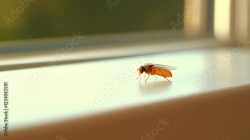 Tranquil moment of a housefly on a sunlit window sill