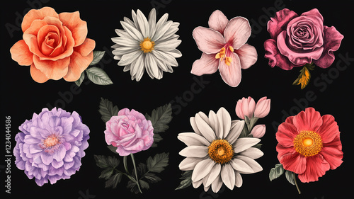 vector bundle of all 12 birth flowers, including roses, lilies, daisies, and chrysanthemums,
